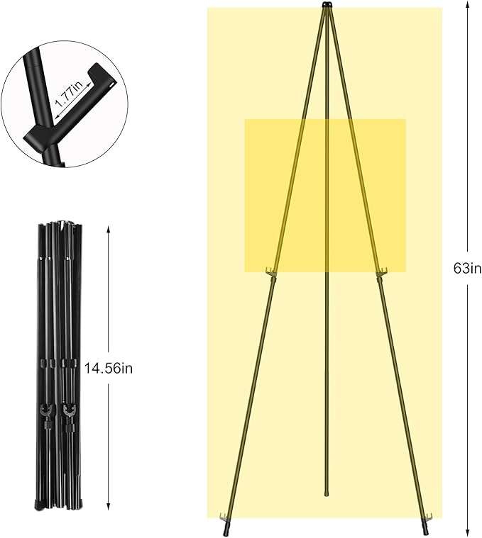 Display Black Easel Stand for Wedding Sign, Artist Instant Tripod Collapsible Portable Floor Easel for Posters, 63" Adjustable Easy Folding Metal Stand for Display Show, Arts, Painting
