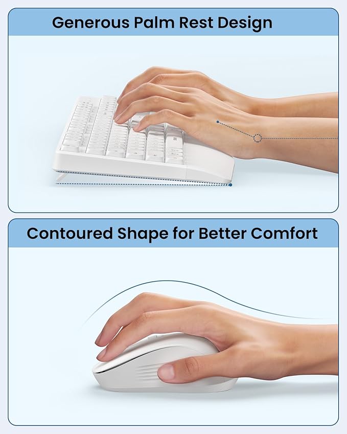 seenda Wireless Bluetooth Keyboard and Mouse Combo, COE200 Ergonomic Wireless Keyboard Mouse with Wrist Rest, Multi-Device Connection, Full-Size, Compatible for Computer/Laptop/Mac/MacBook, White