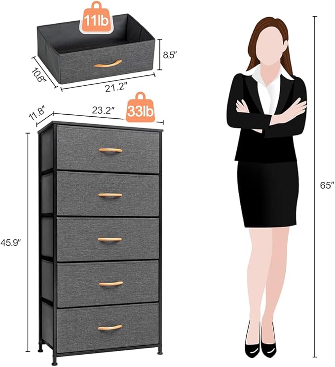 Crestlive Products Vertical Dresser Storage Tower - Sturdy Steel Frame, Wood Top, Easy Pull Fabric Bins - Wide Organizer Unit for Bedroom, Hallway, Entryway, Closets - 5 Drawers(Gray)