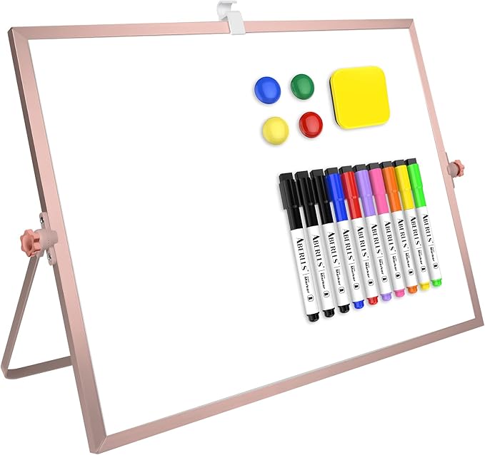 16 x 12 inches Dry Erase Whiteboard, Rose Gold Magnetic Desktop Double-Sided White Board with Stand, 10 Markers, 1 Eraser, 4 Magnets, Portable Whiteboard Easel for School Office Home