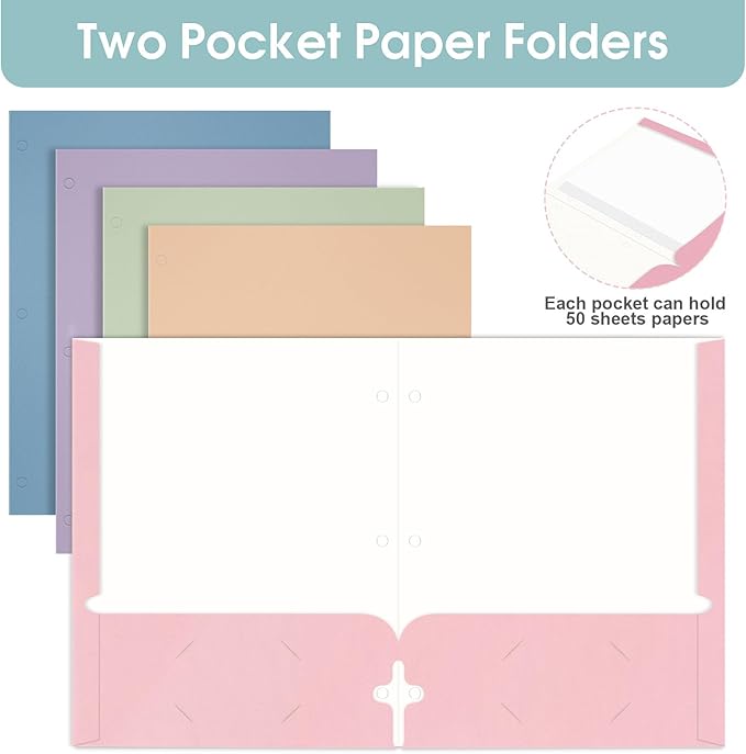 Pastel Folders with Pockets, 2 Pocket Folders Bulk (120 Pack, Assorted Colors), 3 Hole Punched with Business Card Slot, Letter Size, Cute Aesthetic Paper File for School Office Home for Girls
