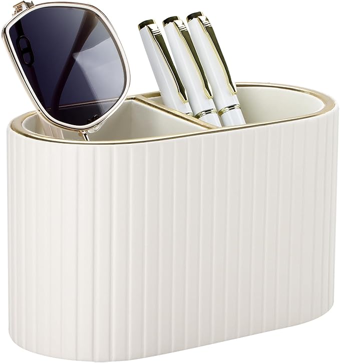 KINGFOM PU Leather Desk Organizer Pen Holder – Dual-Compartment Stylish Pencil Cup Remote Control Holder Desktop Supplies and Accessories Organizer Caddy for Office Home School (Light Beige)