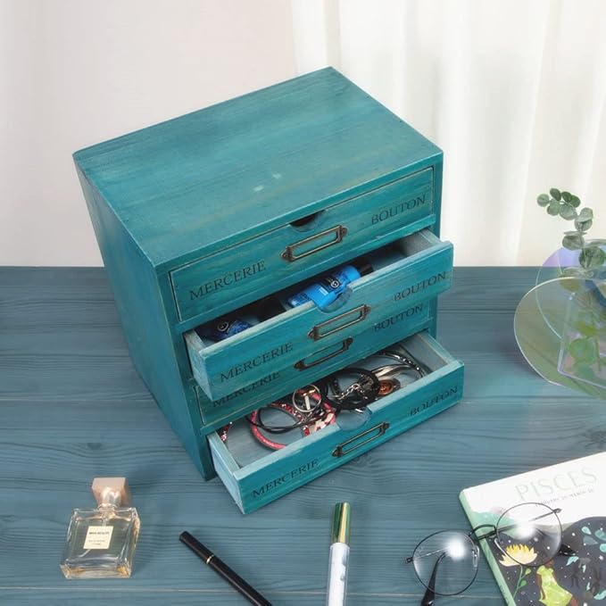 Wooden Storage Box with 4 Drawers Vintage Office Supplies and Accessories Letter Tray Wood Desktop School Supply Organizer Library Card Catalog Cabinet with Lables Rustic Jewelry Box (BLUE)