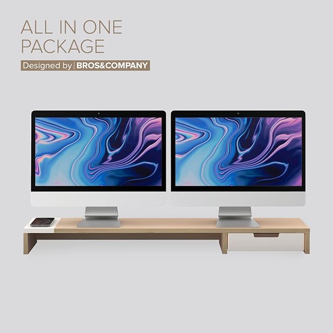 POUT E9 Dual Monitor Stand with Drawer - Wireless Charger and USB Hub (Maple White)
