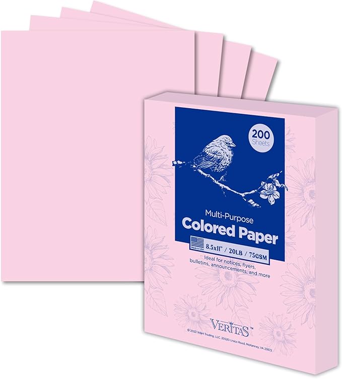 WritePads Veritas Colored Copy Paper, Pink Colored Printer Paper 8.5” x 11”, 20 lb / 75 GSM, 200 Sheets (1 Reams) Computer Paper, Multi-Purpose paper, Made in USA