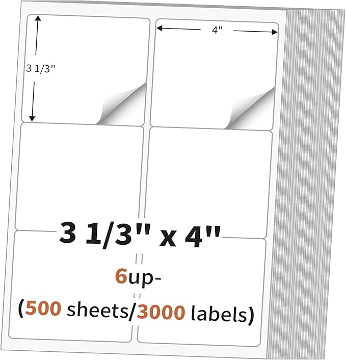 3 1/3" x 4" (500 Sheets) Address Labels, Labels Sticker Paper for Laser/Ink Jet Printer, Printable and Writable White Sticker Labels- Matte, 6 per Page Labels (Total 3000 Labels)