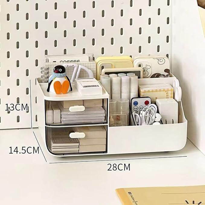 Drawer Organizers Accessories with 7 Compartments and 2 Drawers, Large Capacity Cosmetic Display Case, Pen Holder, Art Supply Storage Box Caddy for Office School and Home