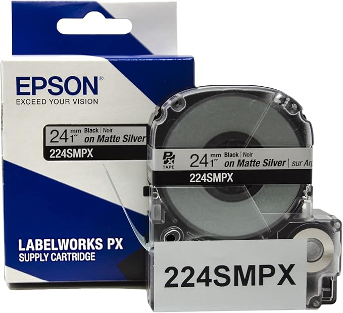 Epson LABELWORKS 224SMPX Genuine PET (Polyester) Tape Cartridge - Black on Silver Matte Label Maker Tape - 1" (24MM) Wide, 30'