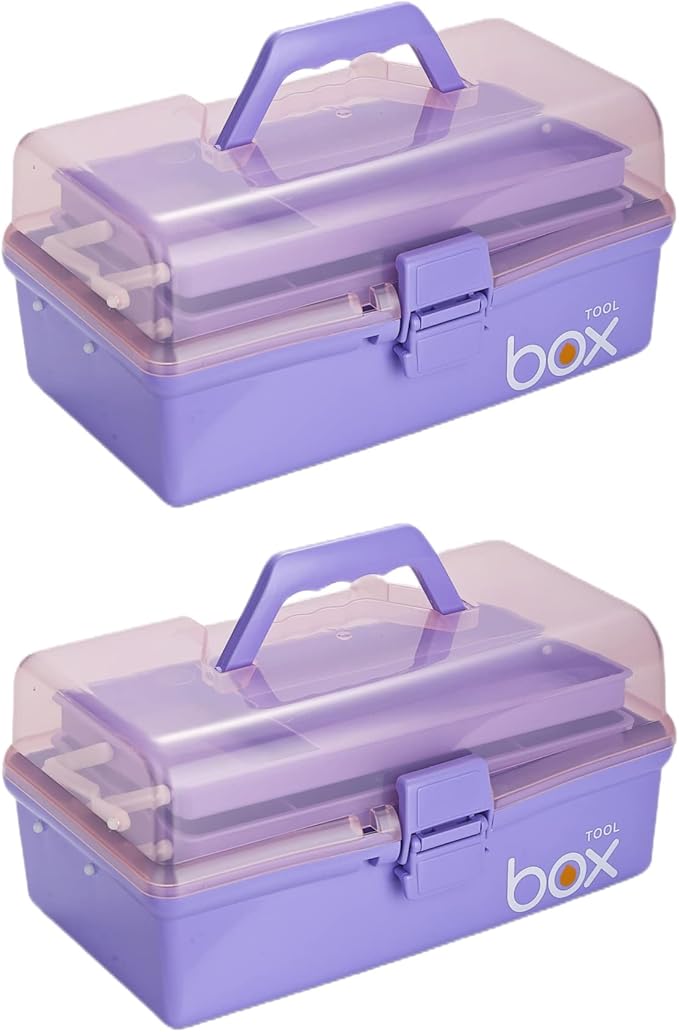 2PCS 12'' Three-Layer Clear Plastic Storage Box/Tool Box, Multipurpose Organizer and Portable Handled Storage Case for Art Craft and Cosmetic (Purple)