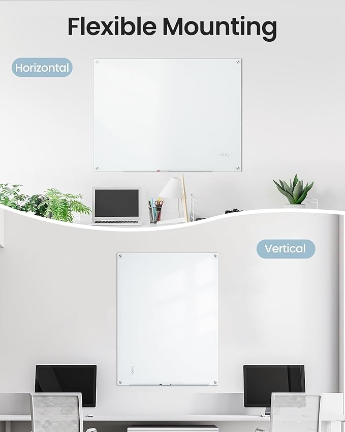 VUSIGN Magnetic Glass Dry Erase Board, 36" x 48" Large Frameless Glass Board for Wall Mounted, Frosted Surface White Board Includes Magnets, Markers, Eraser and Tray for Office, School, Home