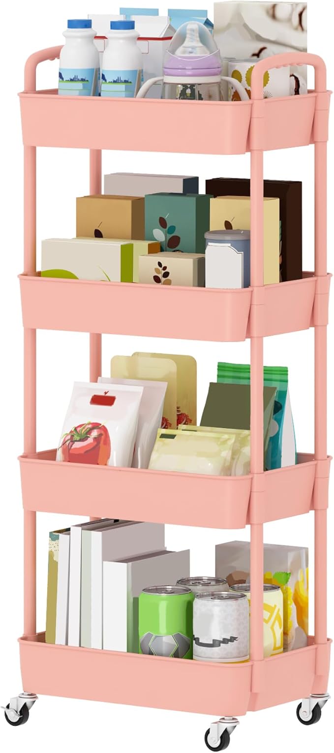 Sywhitta 4-Tier Plastic Rolling Utility Cart with Handle, Multi-Functional Storage Trolley for Office, Living Room, Kitchen, Movable Storage Organizer with Wheels, Pink