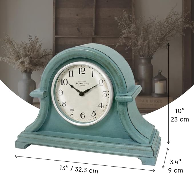 Presentime & Co. Mantel Clock Vintage Farmhouse Series, Napoleon Desk & Shelf Clock, 13 x 10 inch, Domed Lens, Quartz Movement, ABS Plastic Case, Aged Teal Finish (Home/Tabletop Decoration)