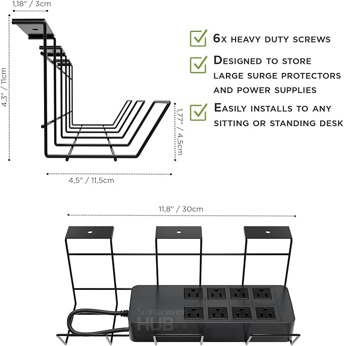 Compact Under Desk Cable Management Tray - Cable Organizer for Wire Management, Desk Wire Organizer, Cable Tray - Black Set of 2x12