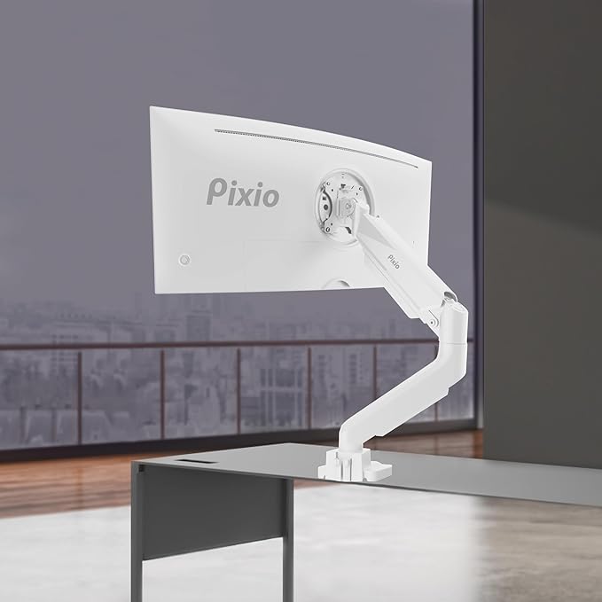 Pixio PS2S White Ultrawide Heavy-Duty Premium Single Monitor Arm Stand Desk Mount - Fits up to 49 inches Monitors, Weights up to 39lbs Flat / 31lbs Curved, Compatible with VESA 75x75 100x100mm