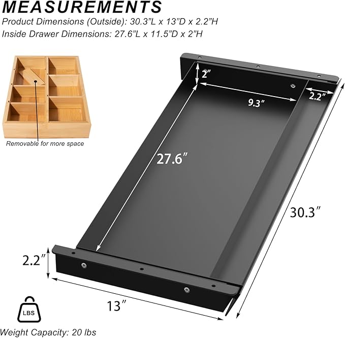 Large Under Desk Mounted Sliding Drawer with Bamboo Tray and 60 Degree Tilt Panel to Pull Out, 30'' Long & 13'' deep Large Storage Organizer for Sit Stand Workstation