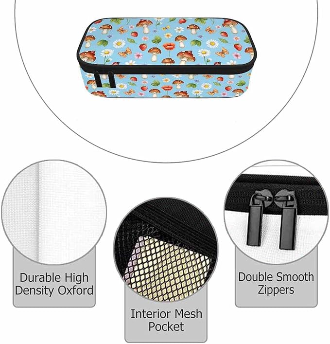 Mushrooms Pencil Case Organizer Butterfly Strawberry Summer Flowers Berries Stationery Box Makeup Colleague Office Supply for Adults Men Women