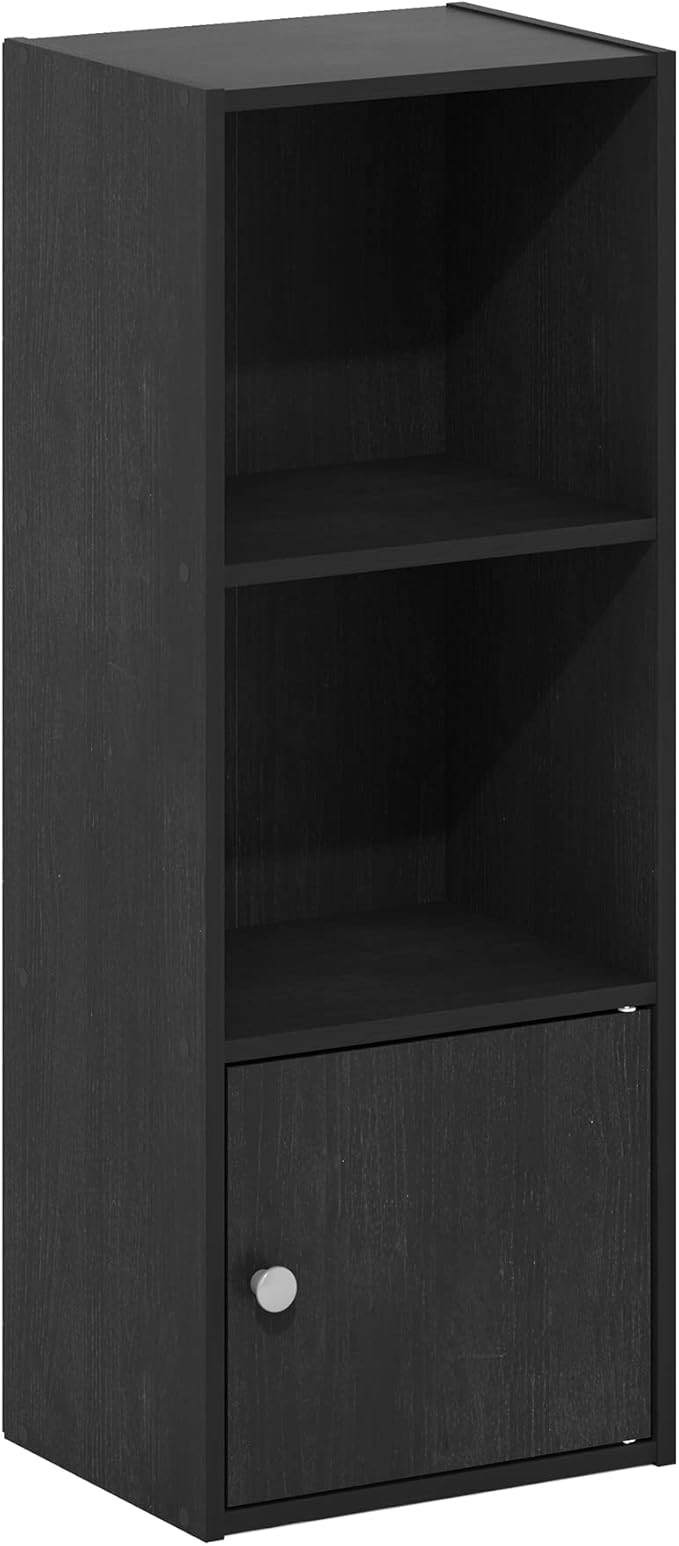 Furinno LUDER Book Shelf, 3-Tier Modern Bookshelf, Bookcase with 1 Door Storage Cabinet, 9.3 x 12 x 31.5, for Living Room, Bedroom, Home Office, Blackwood