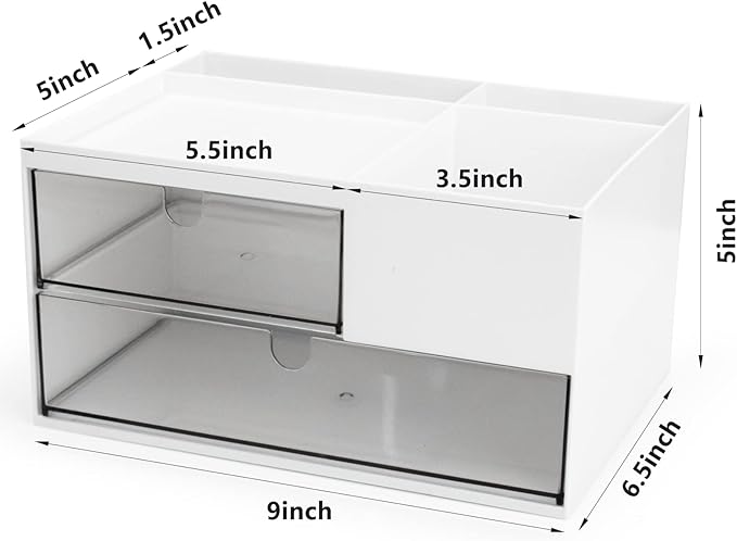 Desk Drawer Organizer, Desk Storage Box with 2 Drawers and 4 Compartments, Multifunctional Desk Accessories & Countertop Organizers for Office School Home (White）