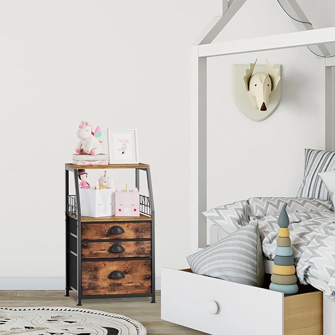 LASZOLA 3 Fabric Drawers Organizer Tower with 6 Hooks and 2 Shelves, Small End Side Table for Printer with Chest of Files Drawers, Ideal for Bedroom Living Room Office Dorm Under Desk, Rustic Bronze