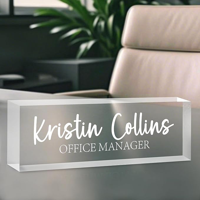 Custom Name Plate for Desk, Personalized Name Plate on Clear Acrylic Glass, Appreciation Gifts for Teacher Employee Boss Coworkers Nurse, Office Desk Accessories for Women Men (Engraved Elegant)
