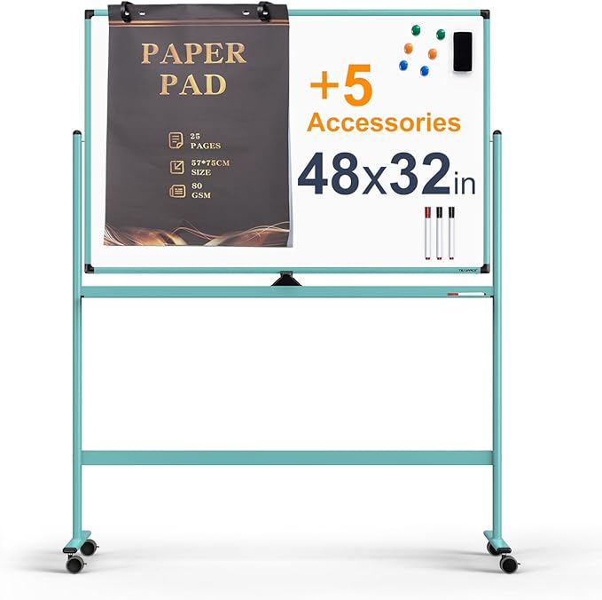 Large Dry-Erase Rolling Magnetic Whiteboard - 48 x 32 Inches Dry Erase Board with Stand Height Adjust Double Sides Mobile White Board Easel on Wheels with 25 Sheets Paper Pad Office, Home & Classroom