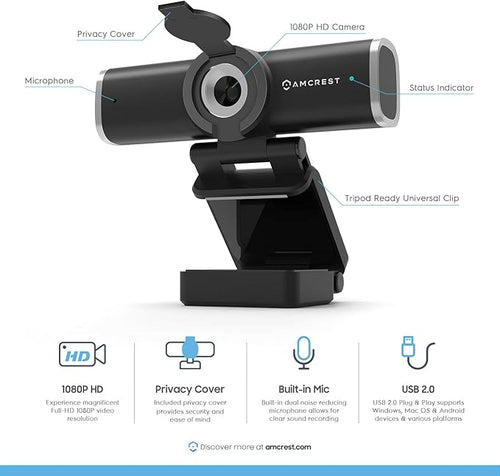 Amcrest 1080P Webcam with Microphone for Desktop, Web Cam Computer Camera, Streaming HD USB Web Camera for Laptop & PC with Privacy Cover, Wide Angle Lens, Superior Low Light (AWC195-B)