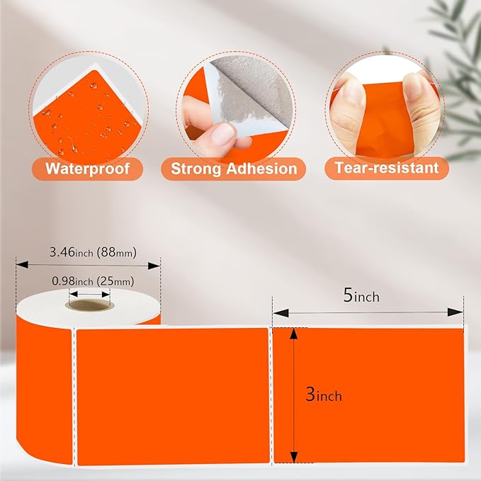 YOULAISHI 3 X 5 Inch Printable Waterproof Rectangle Color Coding Labels, 300 Per Roll Adhesive Color Coding Stickers for Bar-Codes, Address, Small Business Labeling, Fluorescent Orange