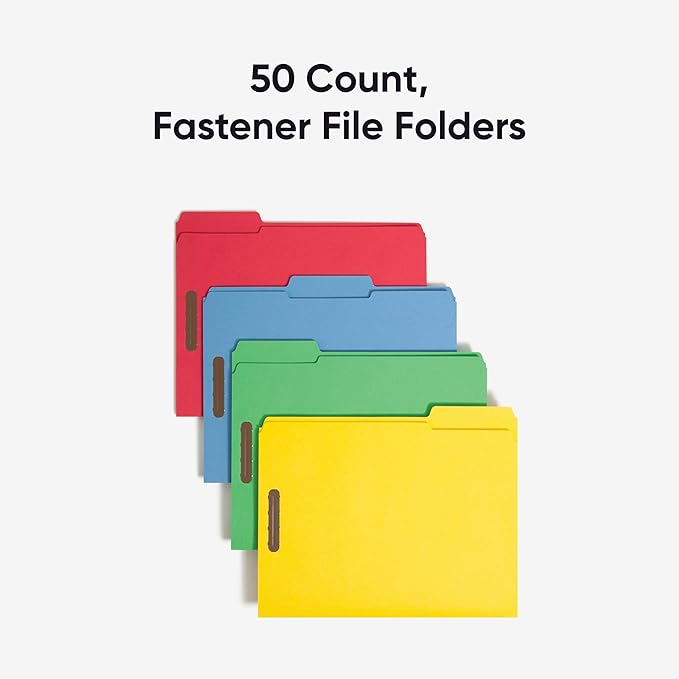 Smead Fastener File Folders, Reinforced 1/3-Cut Tabs, 2 Fasteners, Letter Size, Assorted Coolors, 50 per Box (11975)