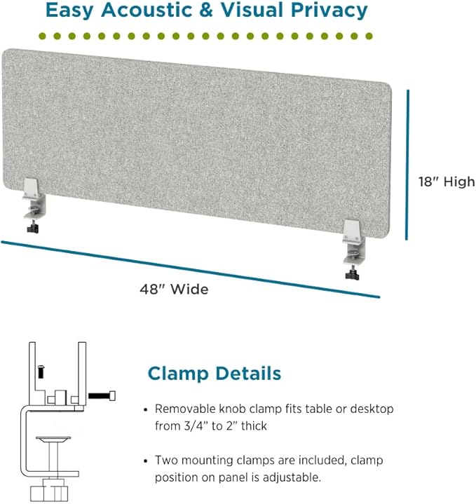 Sound Absorbing Panel Privacy Shield - Desk Divider for Students and Office (Light Grey, 48" W x 18'H)