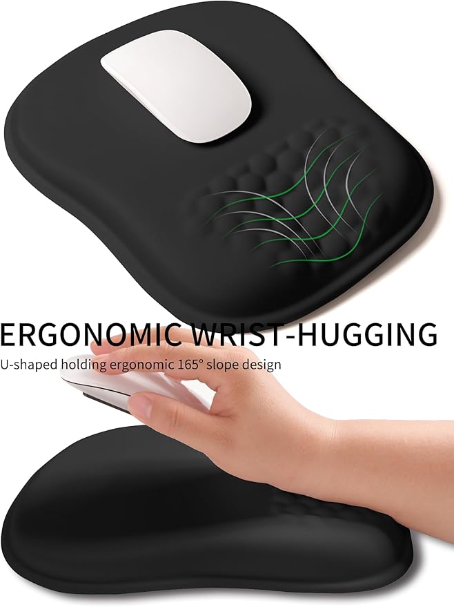 Hokafenle Ergonomic Wrist-hugging Mouse Pad Wrist Support, U-shaped Holding Wrist Rest Mousepad for Carpal Tunnel Pain Relief with Cushioned Memory Foam Slope Massage Bulge (Classic 10.2x8.3 in,Black)