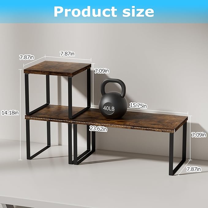 Aothia Wood Desktop Shelf for Top of Desk - 2-Tier Adjustable Bookshelf Organizer, Freestanding Stackable Shelves for Office, Home, Kitchen Counter (Rustic Brown)