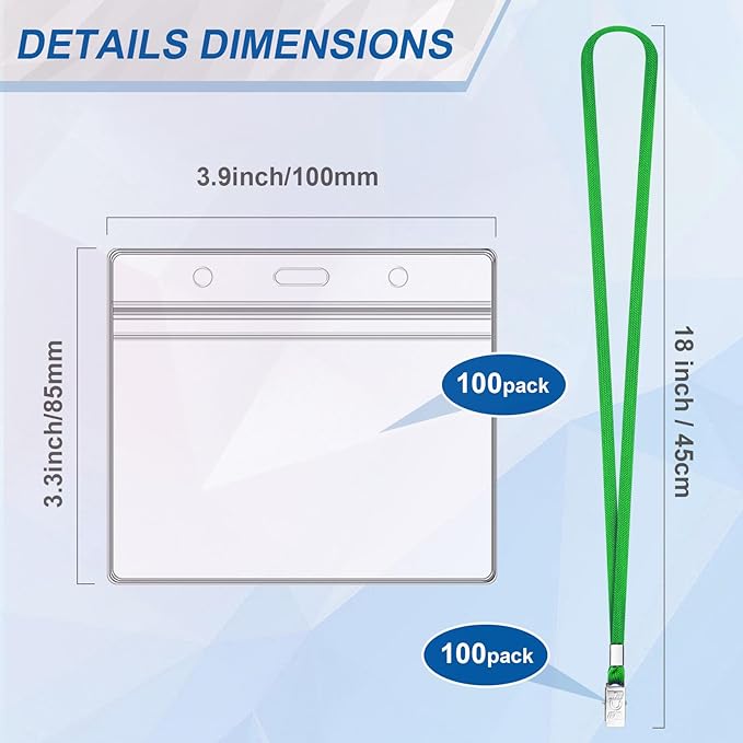 100Pcs Lanyards for ID Badges and 100 Pcs Clear Plastic Horizontal Name Badge ID Card Holders, Flat Neck Lanyards with Clip Waterproof Resealable Name Tag Badge ID Card Holders (Green)