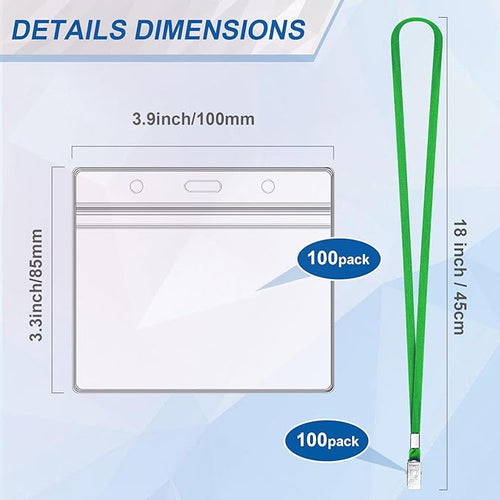 100Pcs Lanyards for ID Badges and 100 Pcs Clear Plastic Horizontal Name Badge ID Card Holders, Flat Neck Lanyards with Clip Waterproof Resealable Name Tag Badge ID Card Holders (Green)