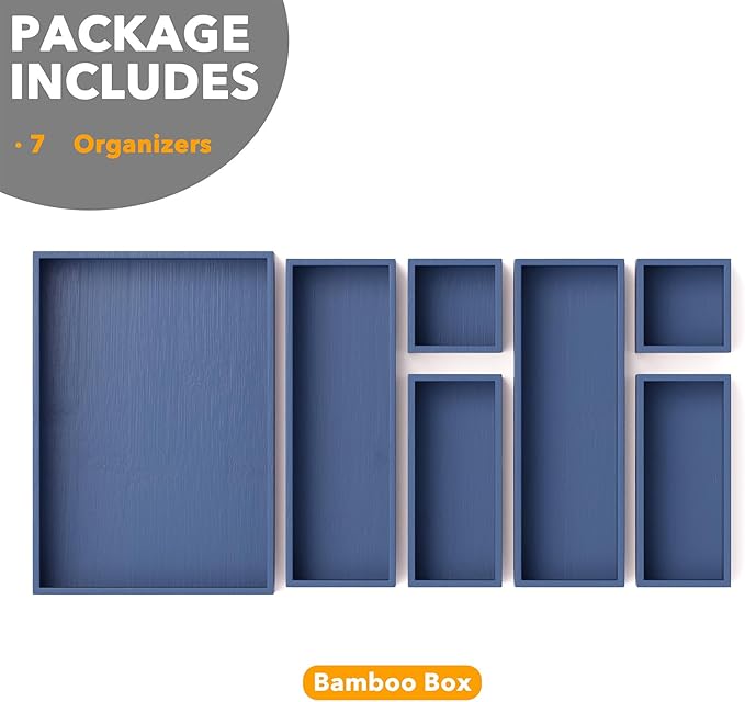 SpaceAid 7-Piece Bamboo Drawer Organizer Storage Boxes Set, Wood Tray Junk Drawer Organizers Multi-Use Divider Bins for Kitchen, Bathroom, Office Desk and Makeup Organization (7 Pack, Navy Blue)