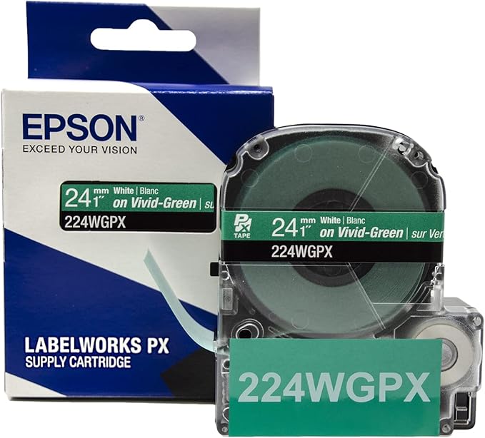 Epson LABELWORKS 224WGPX Genuine PET (Polyester) Tape Cartridge - White on Green Label Maker Tape - 1" (24MM) Wide, 30'