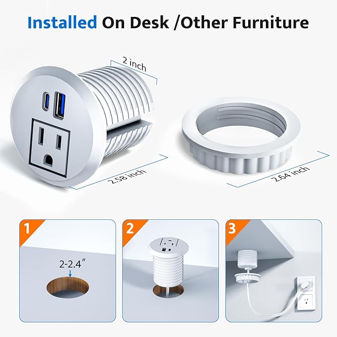 Recessed Power Grommet with 20W USB C Fast Charging, 2 inch Conference Recessed Outlet,Flush Mount for Desk,Office Tables,Furniture,6FT Cord, 45° Thin Flat Plug, White