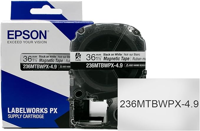 Epson LABELWORKS 236MTBWPX-4.9 Genuine Magnetic Tape Cartridge - Black on White Magnet Label Maker Tape - 1.5" (36MM) Wide, 4.9 ft, White