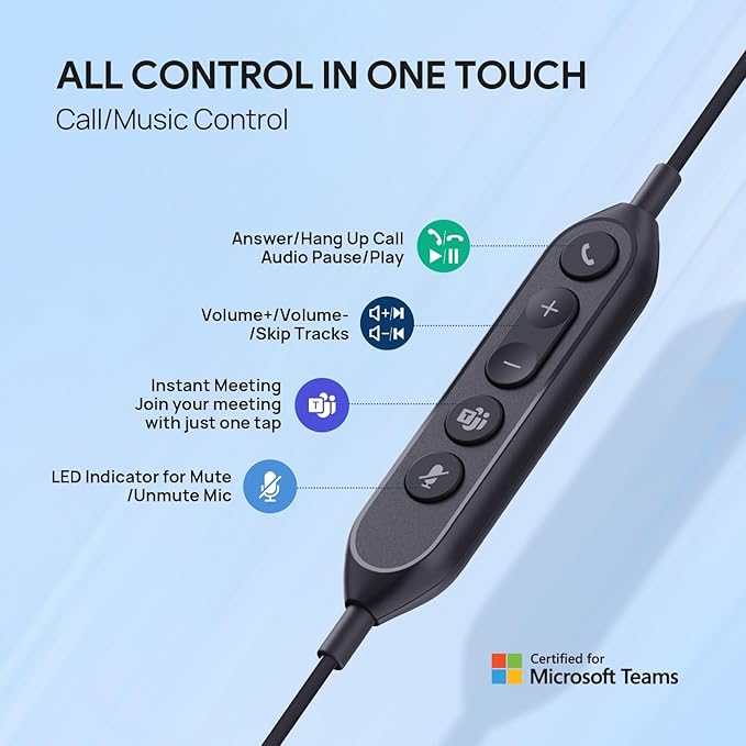 Yealink UH42 USB-A Headset with Microphone for PC Computer, Wired Headset Teams Certified, Noise Cancelling Mic, in Line Control, Mute Button, Cable Length 7.05FT, All Day Comfort