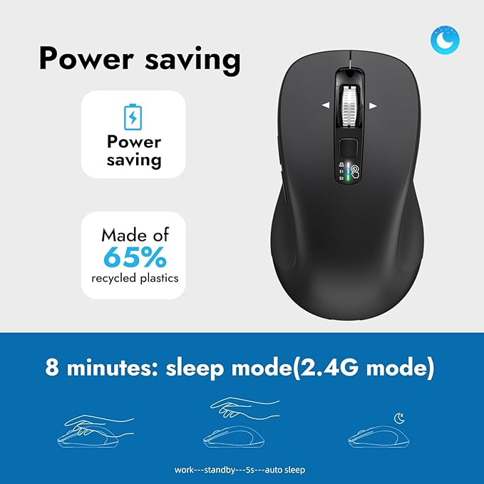 Wireless Bluetooth Mouse (USB + BT1 + BT2), Full Size, 4-Way Scrolling, Multi-Device Silent Mouse for Computer, Laptop, iPad, MacBook (Black)