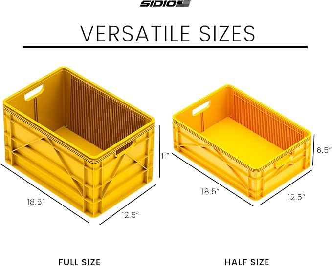 SIDIO Crate Basic Pack - 2 Full-Size & 1 Half-Size Heavy Duty Stackable Storage Bins, Totes and Containers with Dividers - Durable Plastic Organizer for Home, Office, Garage, and Outdoor Use (Sol)