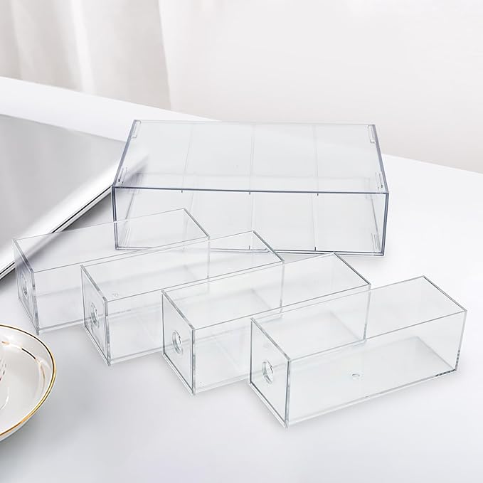 3-Pack Stackable Acrylic Storage Drawers, Desk Organizer Transparent Cosmetic Storage Boxes, 4 Compartment Design Suitable for Stationery, Dressing Table, Sunglasses, Jewelry Storage Organization