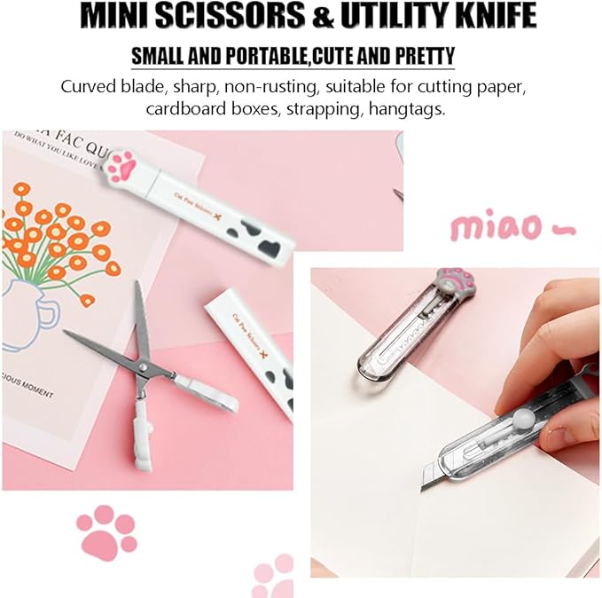 PANDENNER Cute School Supplies, Cute Stationary,Birthday Party Favors Set,Including Pencil Sharpener,Eraser, Correction Tape, Ruler, Mini Scissors,Utility Knife, for Cute School Supplies