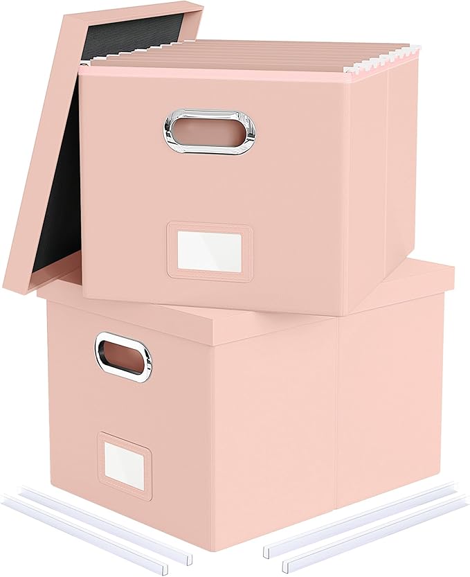 2 Pack File Storage Organizer, Portable File Box with Lid, Fit for Letter/Legal File Folder Storage, Cream-pink (Leather) Box