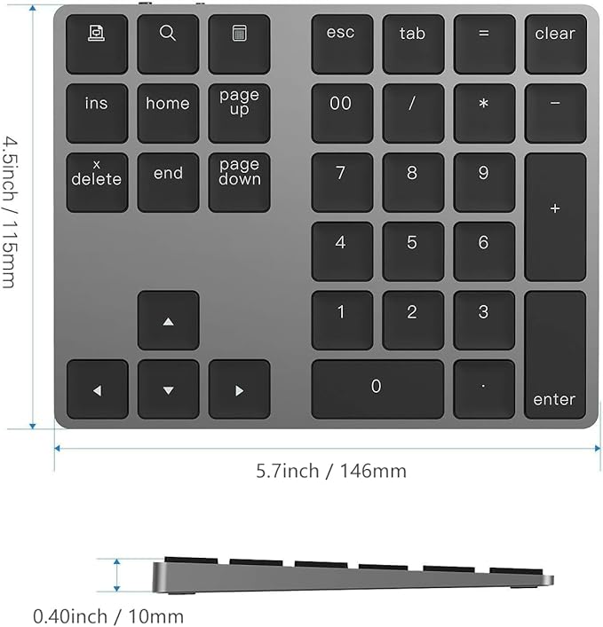 Bluetooth Number Pad, Lekvey Aluminum Rechargeable Wireless Numeric Keypad Slim 34-Keys External Numpad Keyboard Data Entry Compatible for Macbook, MacBook Air/Pro, iMac Windows Laptop Surface Pro etc