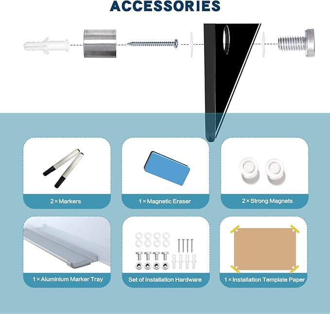 Magnetic Black Glass Board with Eraser Frameless Tempered Glass Dry Erase Blackboard with Marker Tray for Interactive Office, Wall Mounted Frosted Black Glass Board, 48" x 36"