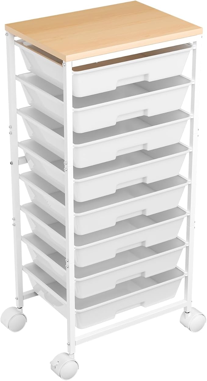Rolling Cart with 8 Drawers, Art Cart with Large Storage Drawers and Thick Wooden Tabletop, Utility Craft Cart for Living Room, Office, Classroom, Craft Room, Bedroom, Dorm, White