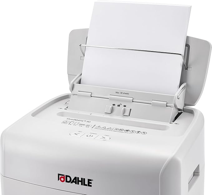 Dahle ShredMATIC SM 90 Auto-Feed Paper Shredder, Cross Cut, 90 Sheet Feed Tray, German Engineered, Jam Protection, Oil Free, SmartPower, P-4 Security, Shreds Staples/Paper Clips/Credit Cards