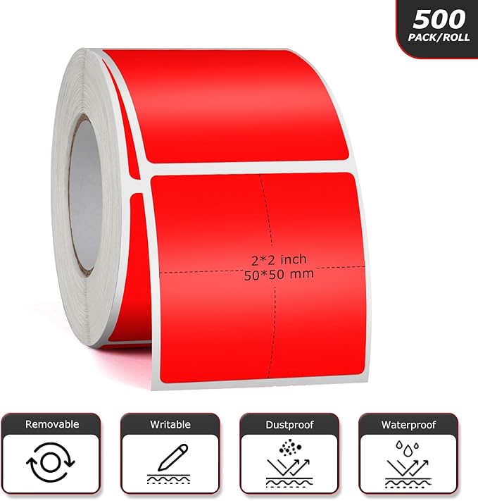 Meitaat Red Square Stickers 2 x 2 Inch Color Coding Labels Vinyl Roll Self-Adhesive Waterproof Removable 500 PCS