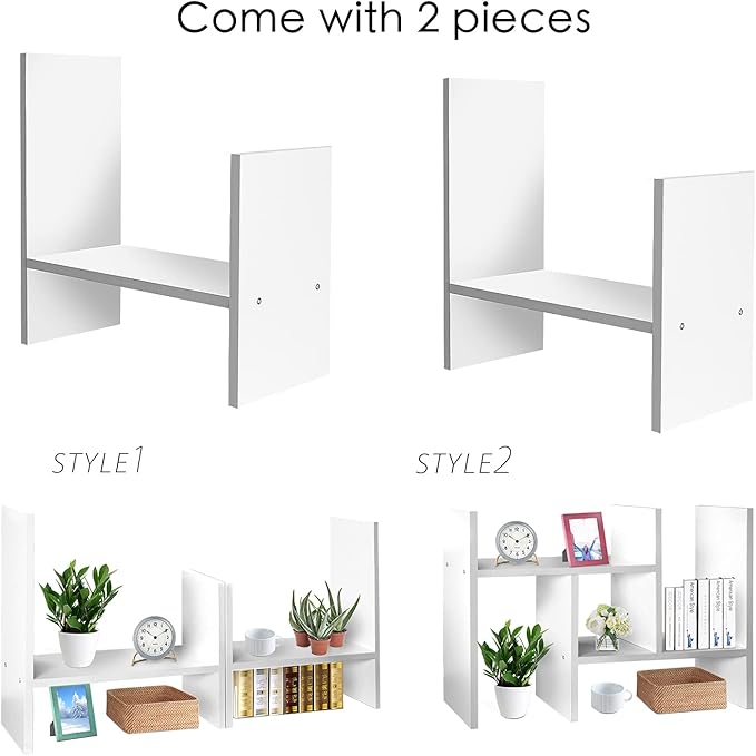 J.M.Deco Desktop Organizers and Storage for Office, Adjustable Desktop Organizer Shelves Double H Display, Desktop Shelf Organizer True Natural Stand Shelf (White)