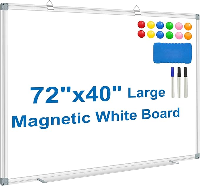 White Board Dry Erase Whiteboard for Wall 72x40 Aluminum Presentation Magnetic Whiteboards with Long Pen Tray, 12 Magnets, 3 Markers & 1 Eraser